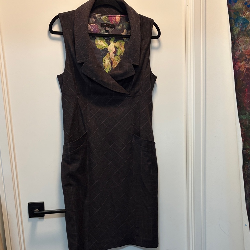 Ted Baker London Brown Pinstripe Midi Dress with Floral Lining
